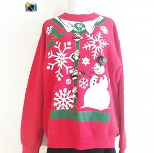 Ugly Christmas Sweatshirt - Unisex Red Snowglakes Dangling Penguins Size XL